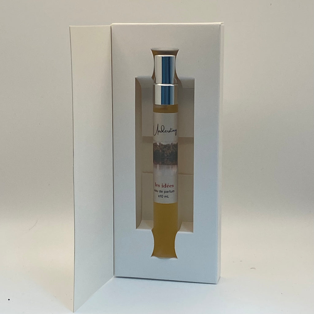 Perfume bottle in a white box on a light gray background
