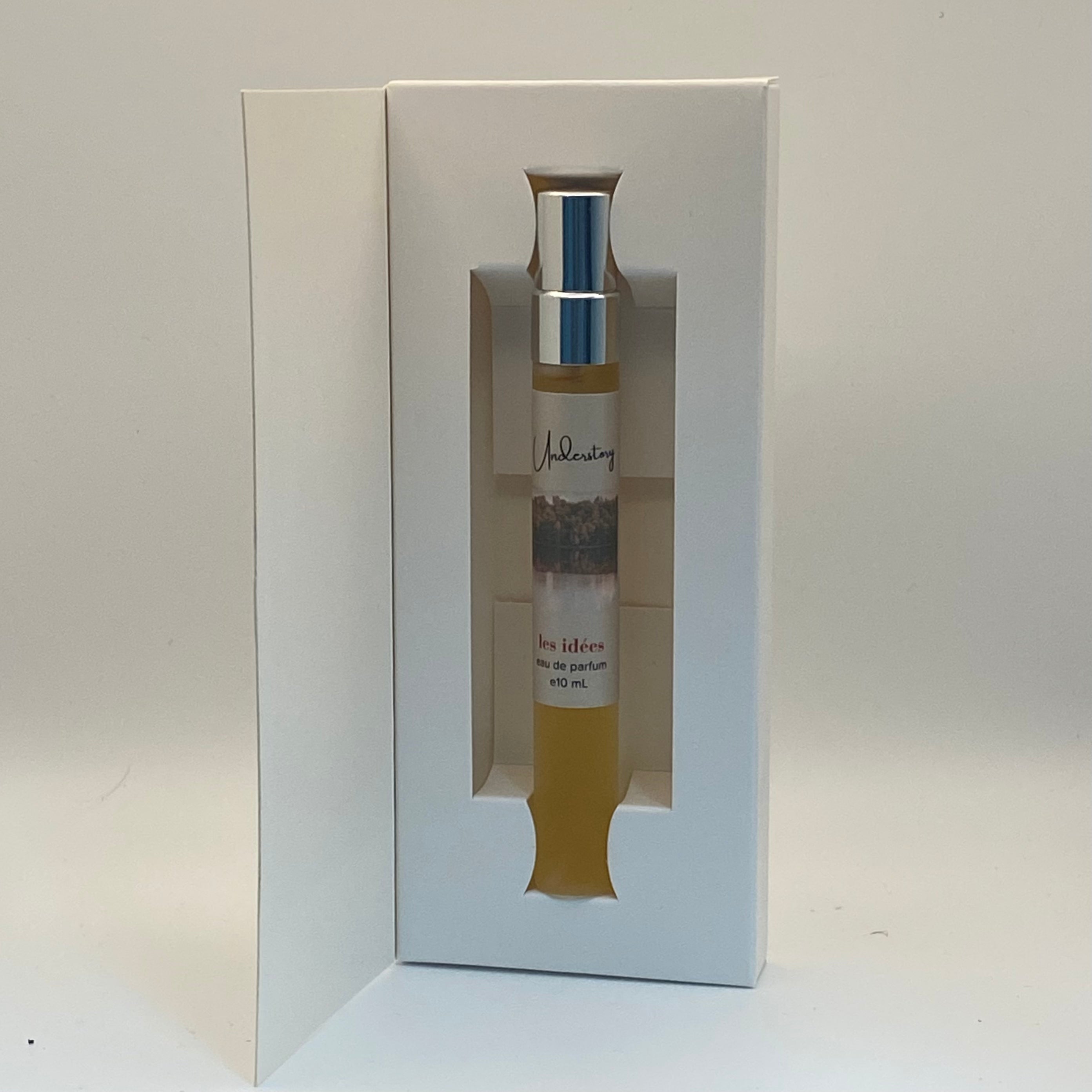 Perfume bottle in a white box on a light gray background